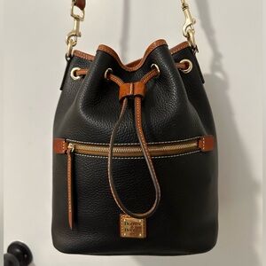 Dooney and Bourke black bucket bag purse pebbled leather brown red tan tote bag